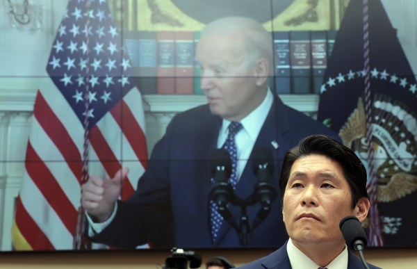 Former special counsel Robert Hur testifies alongside a video of President Joe Biden to the House Judiciary Committee on March 12, 2024, in Washington, D.C. (Photo by Win McNamee/Getty Images)