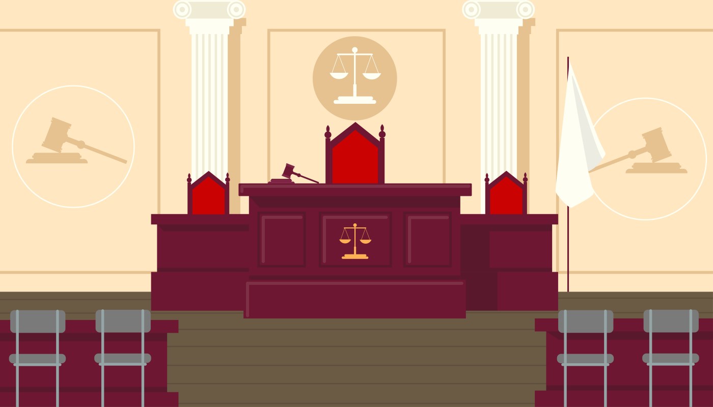 Vector illustration of a beautiful courtroom interior. Cartoon scene of empty courtroom with tribune, judge’s table, red chairs, white antique columns, flag, scales, judge’s gavel, witness chairs.