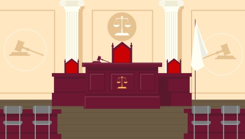 Vector illustration of a beautiful courtroom interior. Cartoon scene of empty courtroom with tribune, judge’s table, red chairs, white antique columns, flag, scales, judge’s gavel, witness chairs.