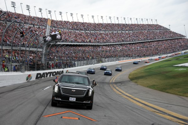 President Donald Trump is driven around the track prior to the Daytona 500 at Daytona International Speedway on February 16, 2025, in Daytona Beach, Florida. (Photo by Chris Graythen/Getty Images)