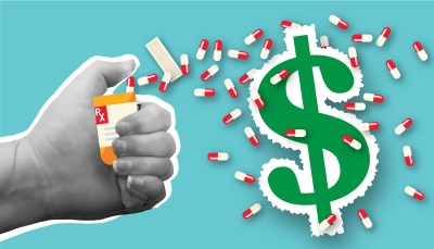 Collage style hand holding Prescription medication bottle with dollar sign health cost concept