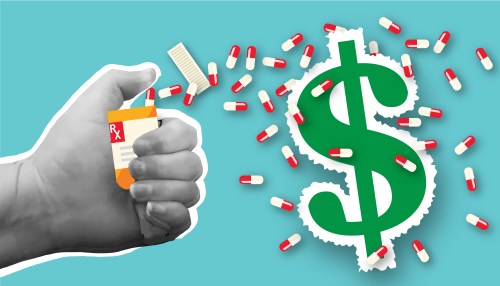 Collage style hand holding Prescription medication bottle with dollar sign health cost concept