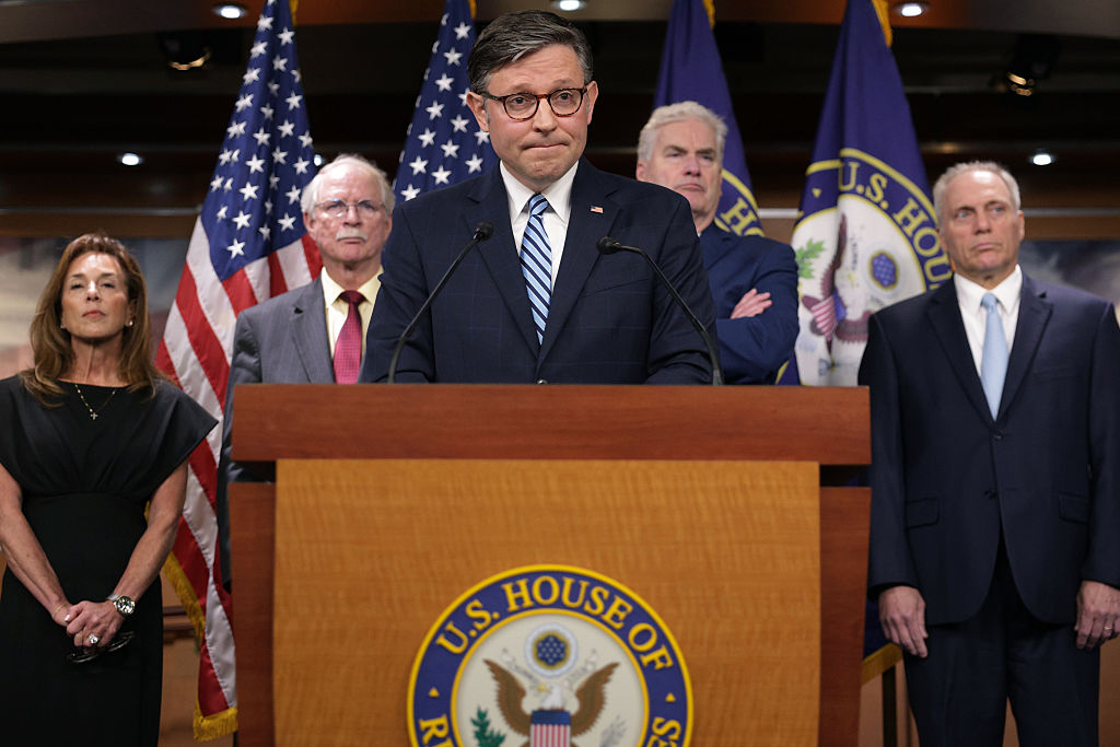 U.S. Speaker of the House Rep. Mike Johnson speaks as House Republican Conference Chair Rep. Lisa McClain, Rep. John Rutherford, House Majority Whip Rep. Tom Emmer, and House Majority Leader Rep. Steve Scalise listen during a news conference at the U.S. Capitol on May 14, 2025.  (Photo by Alex Wong/Getty Images)