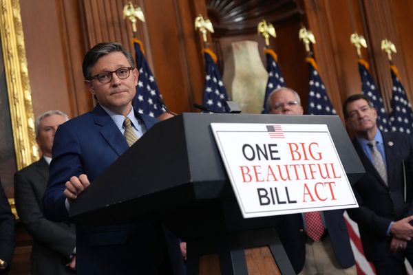Speaker of the House Mike Johnson speaks to the media after the House narrowly passed a bill forwarding President Donald Trump's agenda at the U.S. Capitol on May 22, 2025, in Washington, DC. (Photo by Kevin Dietsch/Getty Images)