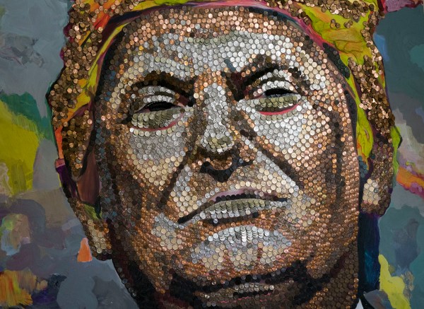 A portrait of Donald Trump, created by Ukrainian artists Daria Marchenko and Daniel Green, is made of U.S. pennies, nickels, and dimes and displayed at St George Academy in New York City in 2018. (Photo by DON EMMERT/AFP via Getty Images)