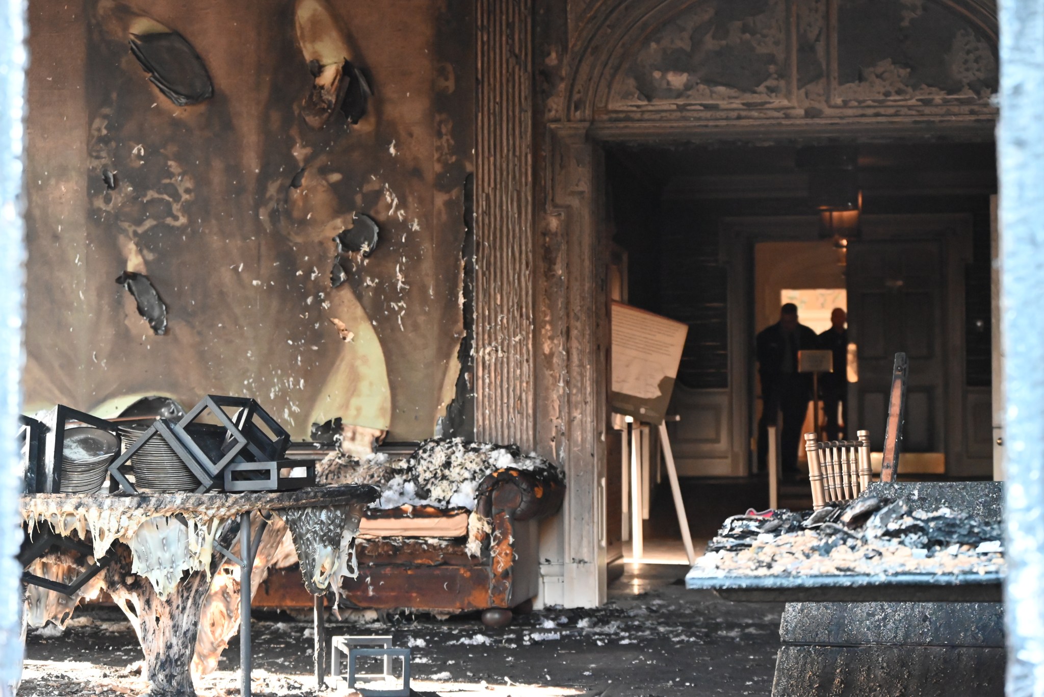A view of the damage after an arsonist sets fire to the Pennsylvania Gov. Josh Shapiro's residence in a targeted attack in Harrisburg, Pennsylvania, on April 13, 2025. (Photo by Kyle Mazza/Anadolu via Getty Images)