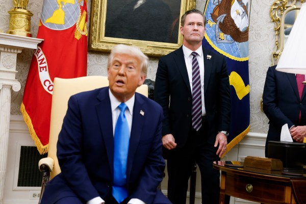 President Donald Trump, accompanied by then-U.S. National Security Adviser Michael Waltz, speaks during a meeting in the Oval Office of the White House on February 4, 2025. (Photo by Anna Moneymaker/Getty Images)