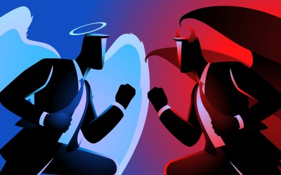 Businessman Blue Red Silhouette Angel Devil Face Off Close