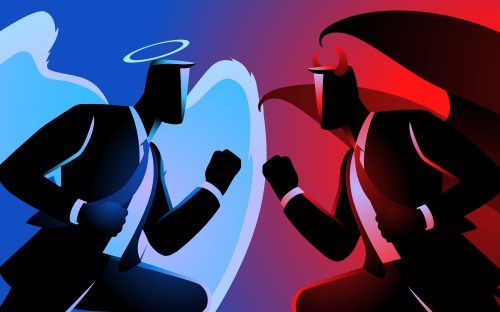 Businessman Blue Red Silhouette Angel Devil Face Off Close