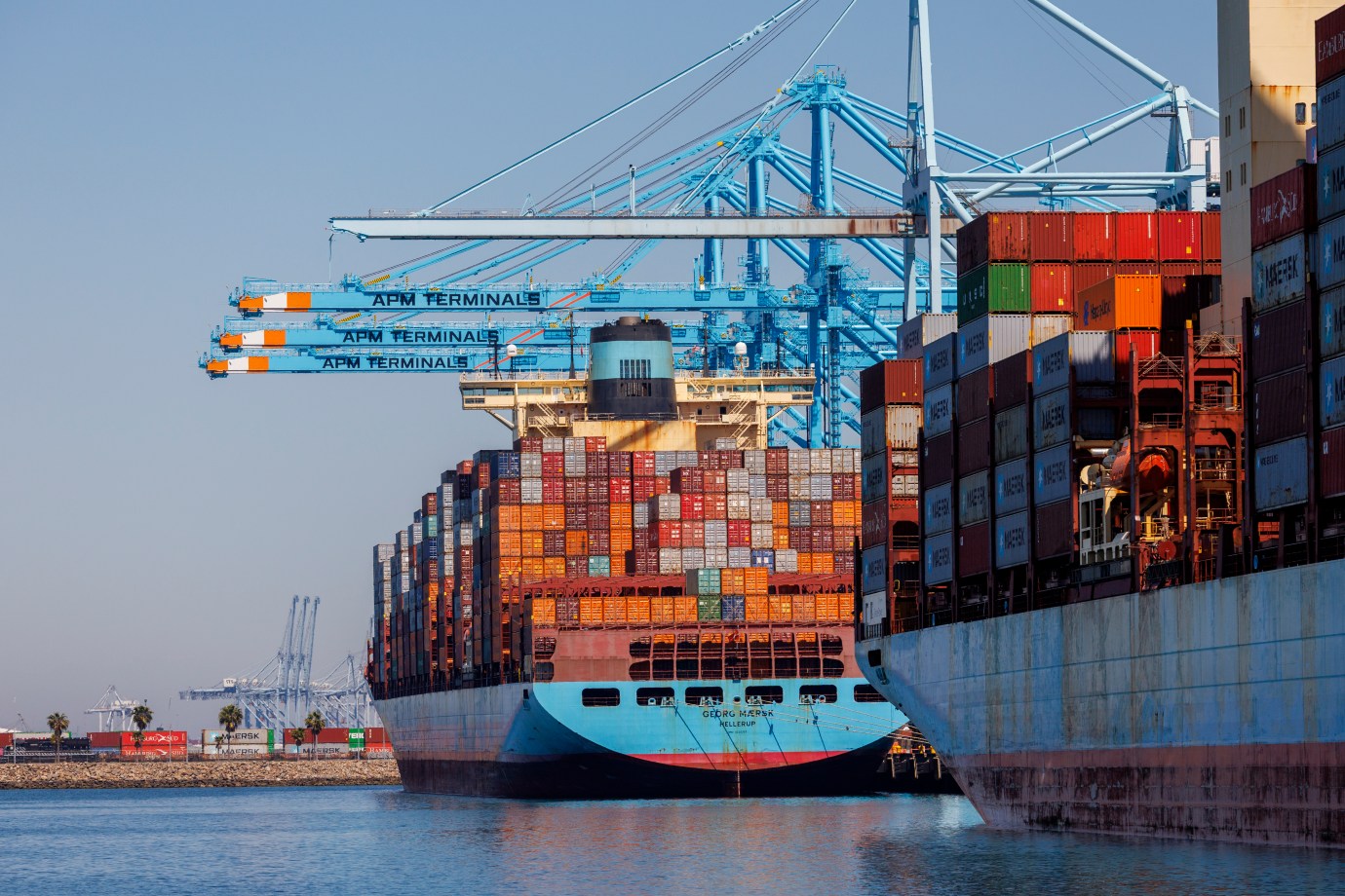 Container ships are among the few unloaded and loaded at the Port of Los Angeles on May 9, 2025, in Los Angeles, California. (Gina Ferazzi / Los Angeles Times via Getty Images)