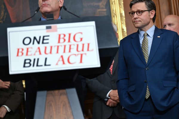 Rep. Mark Green speaks as Speaker of the House Mike Johnson is seen at right during a press conference celebrating the passage of the One Big Beautiful Bill Act on May 22, 2025, in Washington, D.C. (Photo by Matt McClain/Washington Post/Getty Images)