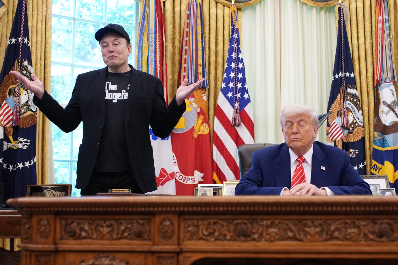 Tesla CEO Elon Musk speaks alongside  President Donald Trump to reporters in the Oval Office of the White House on May 30, 2025. (Photo by Kevin Dietsch/Getty Images)