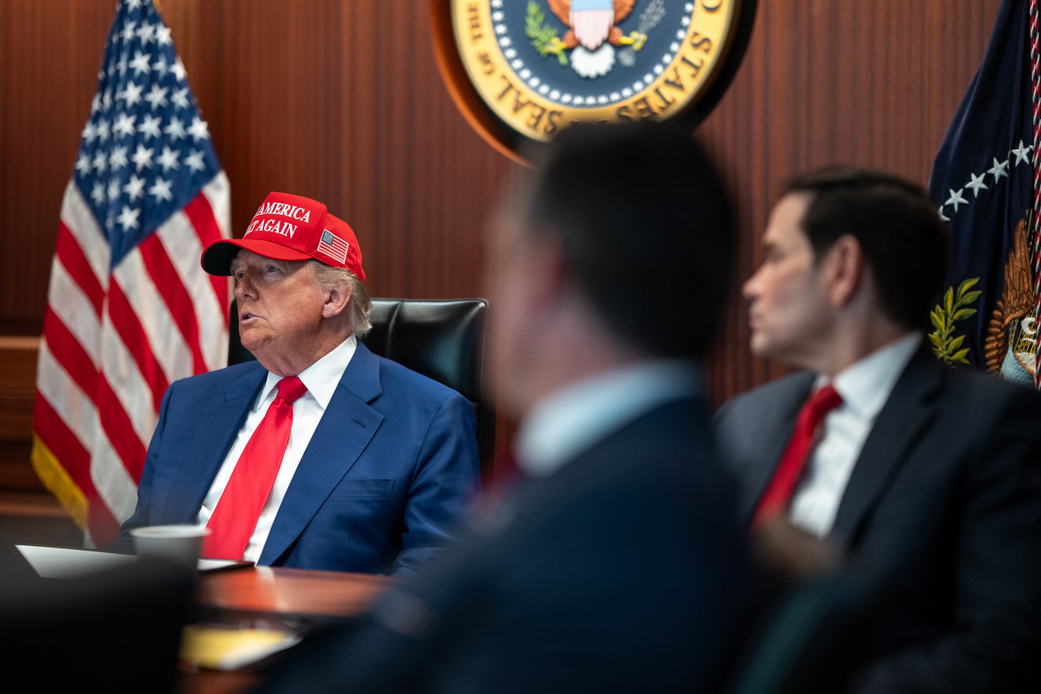 A handout image provided by the White House shows President Donald Trump, Defense Secretary Pete Hegseth, and Secretary of State Marco Rubio in the Situation Room on June 21, 2025, as they monitor the mission that struck three Iranian nuclear enrichment sites. (Photo by Daniel Torok/The White House via Getty Images)