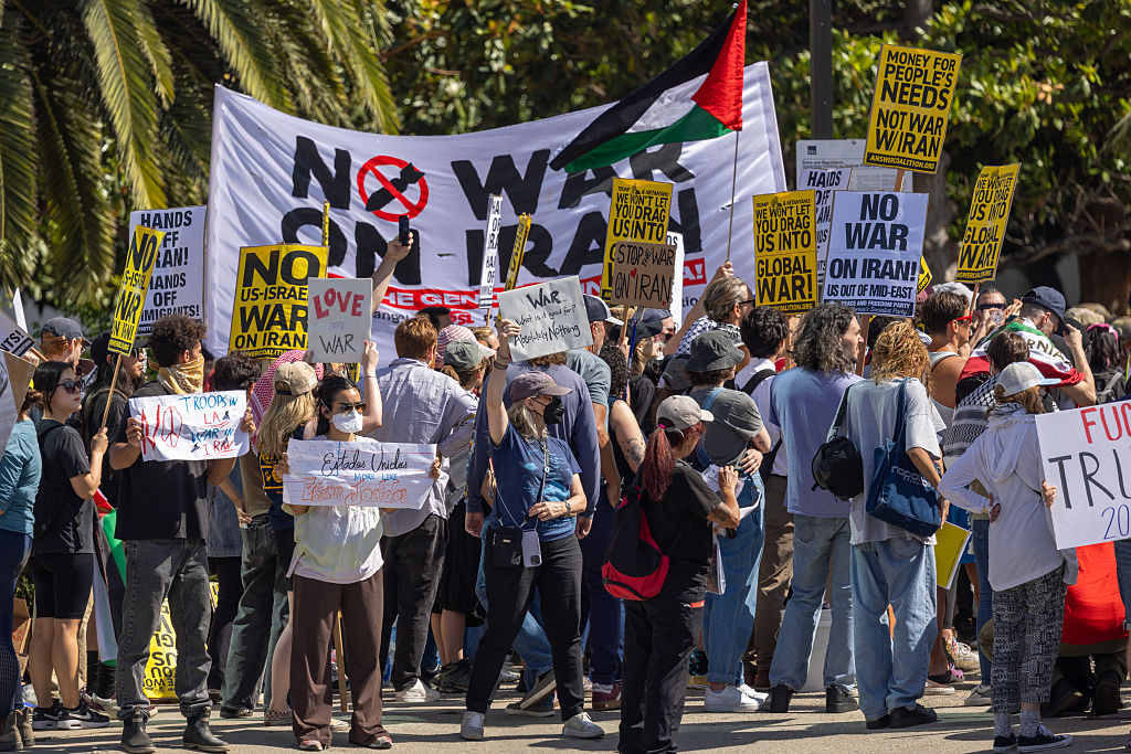 Protesters demonstrate against U.S. strikes on Iran's nuclear facilities on June 22, 2025, in Los Angeles, California. (Photo by David McNew/Getty Images)