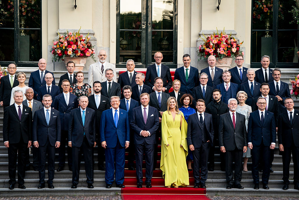 NATO leaders join members of the Dutch royal family for a family photo during the NATO summit on June 24, 2025, in The Hague, Netherlands. (Photo by Haiyun Jiang-Pool/Getty Images)