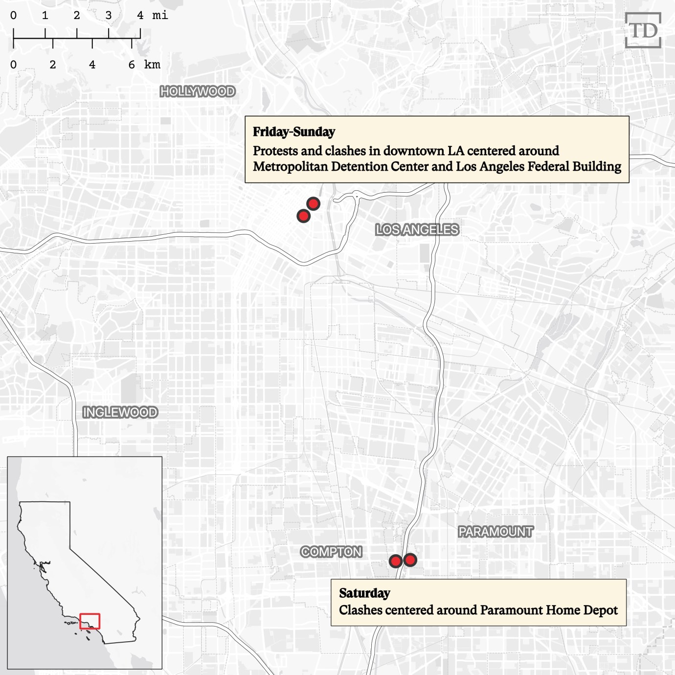 Clashes between protesters and federal agents. (Map via Joe Schueller.)
