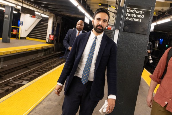 New York City mayoral candidate Zohran Mamdani travels by subway between campaign events on May 27, 2025, in the borough of Brooklyn, New York City. (Photo by Andrew Lichtenstein/Corbis via Getty Images)