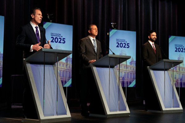 Democratic mayoral candidates former Gov. Andrew Cuomo, city Comptroller Brad Lander, and state Assembly member Zohran Mamdani participate in the New York City Democratic Mayoral Primary Debate at the John Jay College of Criminal Justice on June 12, 2025, in New York City. (Photo by VINCENT ALBAN/POOL/AFP via Getty Images)
