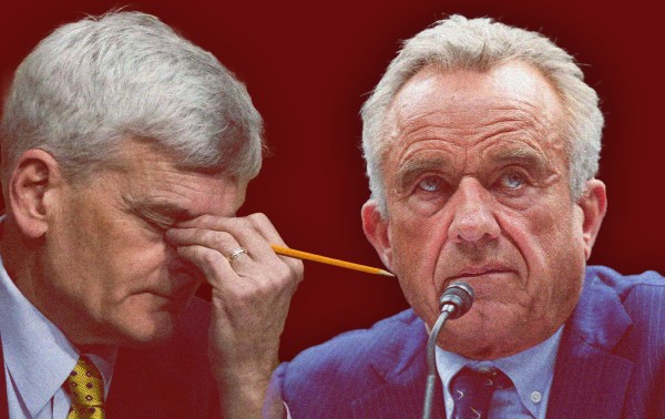 Photo illustration by Noah Hickey/The Dispatch. (Photograph of Sen. Bill Cassidy by Drew Angerer/Getty Images. Photograph of Robert F. Kennedy Jr. by Tasos Katopodis/Getty Images)
