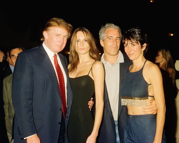 From left, Donald Trump and his girlfriend (and future wife), former model Melania Knauss, financier (and future convicted sex offender) Jeffrey Epstein, and British socialite Ghislaine Maxwell pose together at the Mar-a-Lago club, Palm Beach, Florida, February 12, 2000. (Photo by Davidoff Studios/Getty Images)