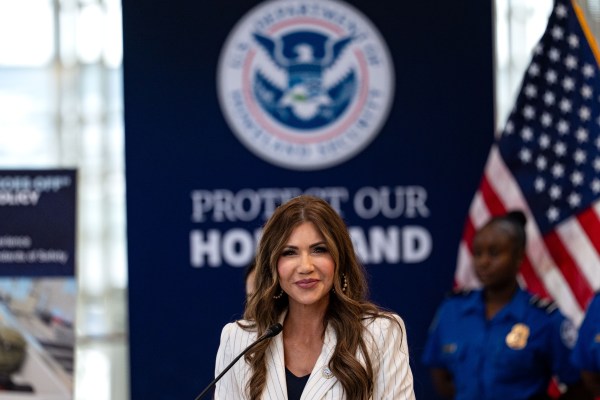 Secretary of Homeland Security Kristi Noem speaks during a news conference at Ronald Reagan Washington National Airport on July 8, 2025. (Photo by Kent Nishimura/Getty Images)