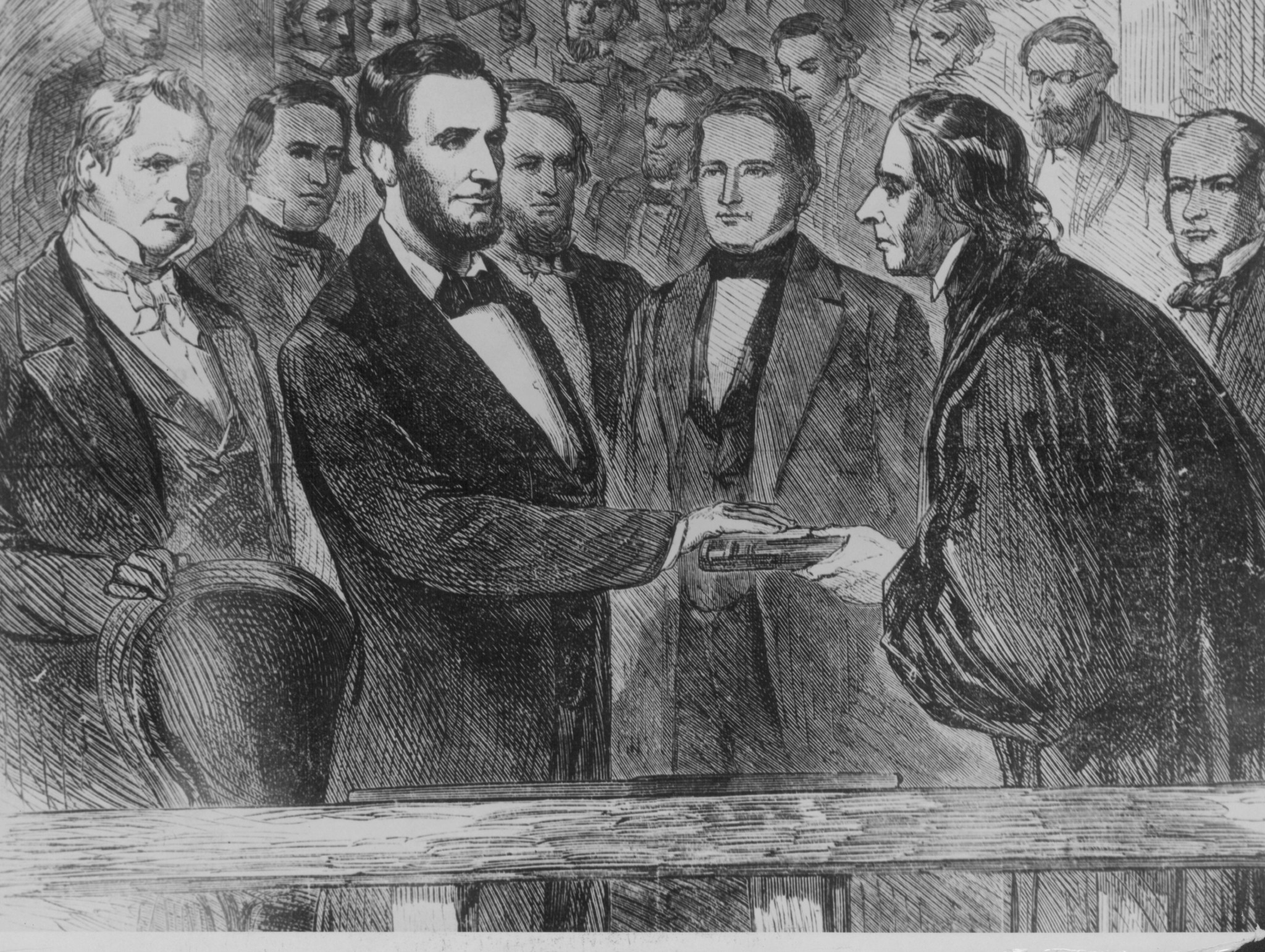 Engraving depicting Chief Justice Taney administering the oath to President Abraham Lincoln at his inauguration, Washington D C, March 4th 1861. (Photo by Hirz/Archive Photos/Getty Images)