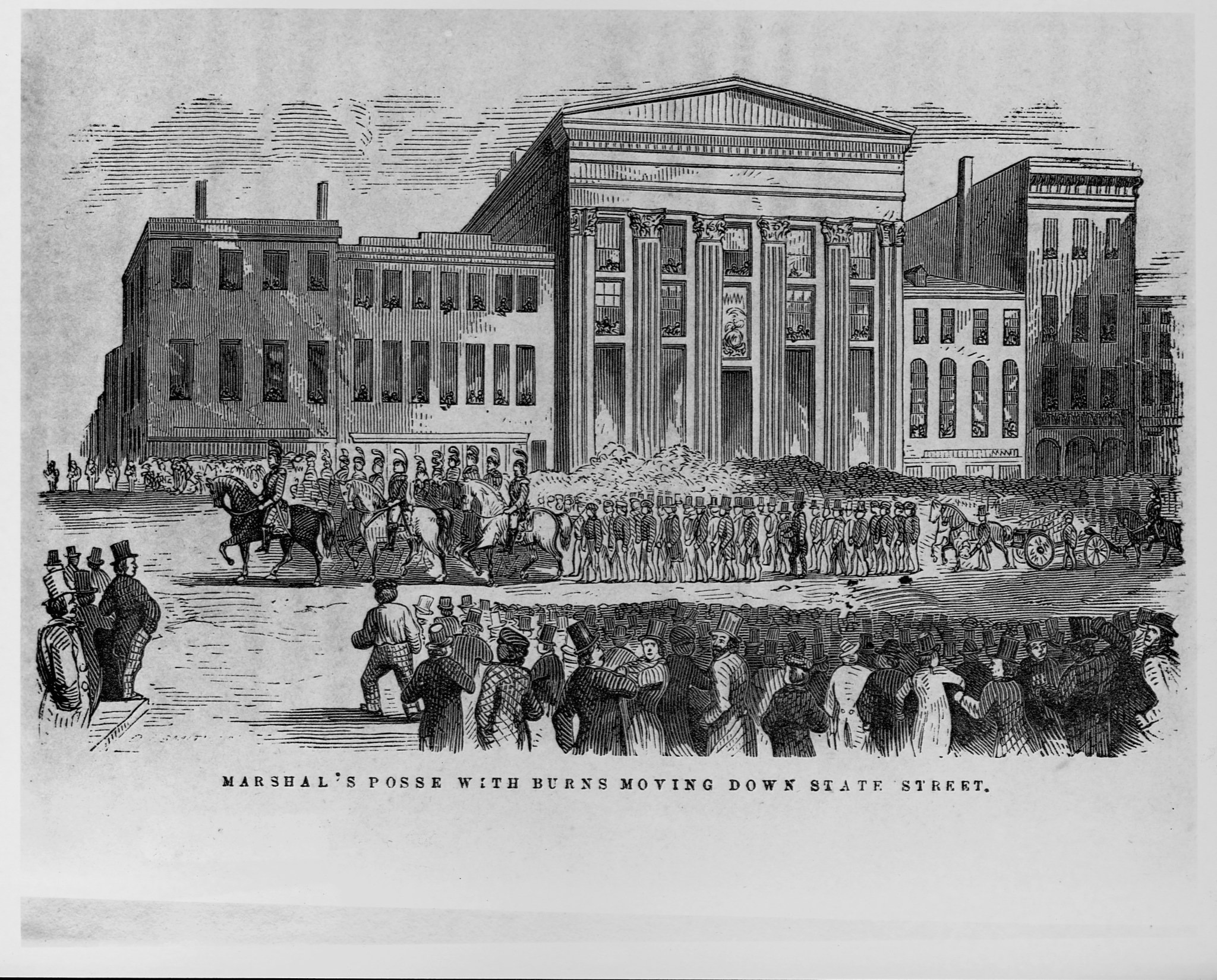 Angry citizens in Boston protesting a 1854 court order to return Anthony Burns to slavery in Virginia, in accordance with the Fugitive Slave Act. Burns is shown being marched with an army escort to the Boston waterfront. Illustration from Anthony Burns, A History by Charles Emery Stevens (1856). Photo by Library of Congress/Corbis/VCG via Getty Images)