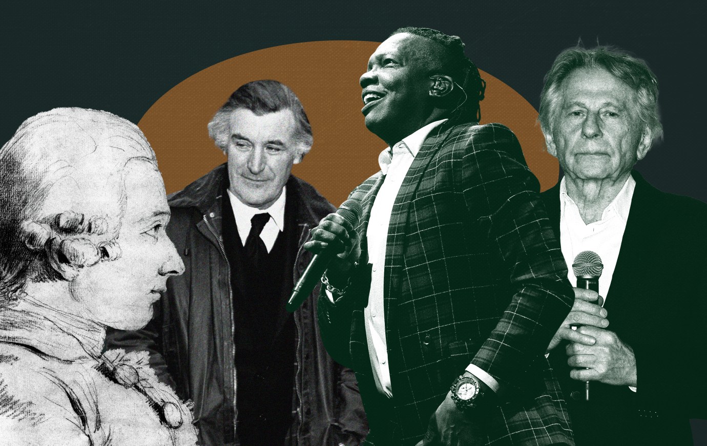 The Marquis de Sade, Ted Hughes, Michael Tait, and Roman Polanski. (Illustration by Noah Hickey/Images via Getty Images)