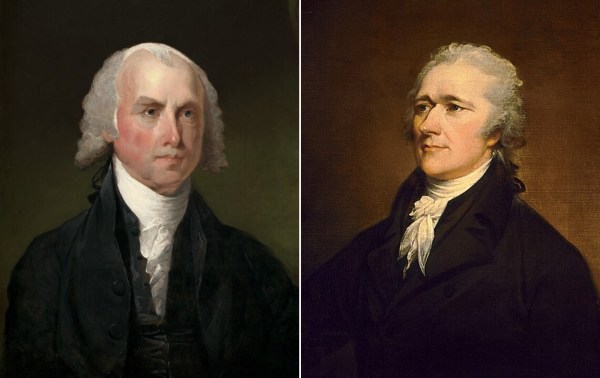 ‘Alexander Hamilton’ by John Trumbull and ‘James Madison’ by Gilbert Stuart, courtesy of the National Gallery of Art.