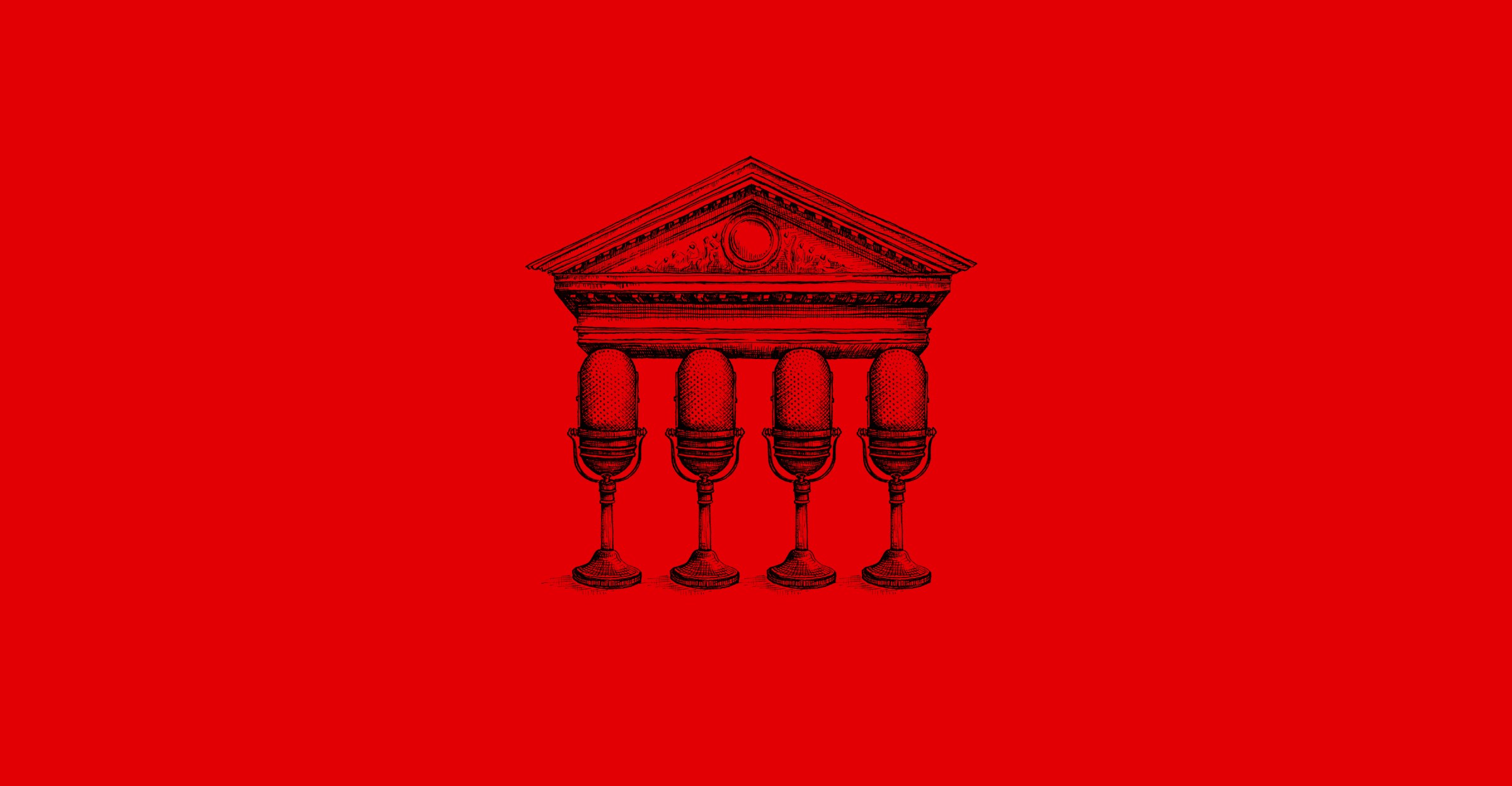 Four vintage microphones form columns supporting a detailed classical pediment against a solid red background, combining media and architecture themes.