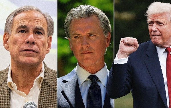 Illustration by Noah Hickey/The Dispatch (Photos of Texas Gov. Greg Abbott by Brandon Bell/Getty Images; California Gov. Gavin Newsom by Justin Sullivan/Getty Images; President Donald Trump by Win McNamee/Getty Images)