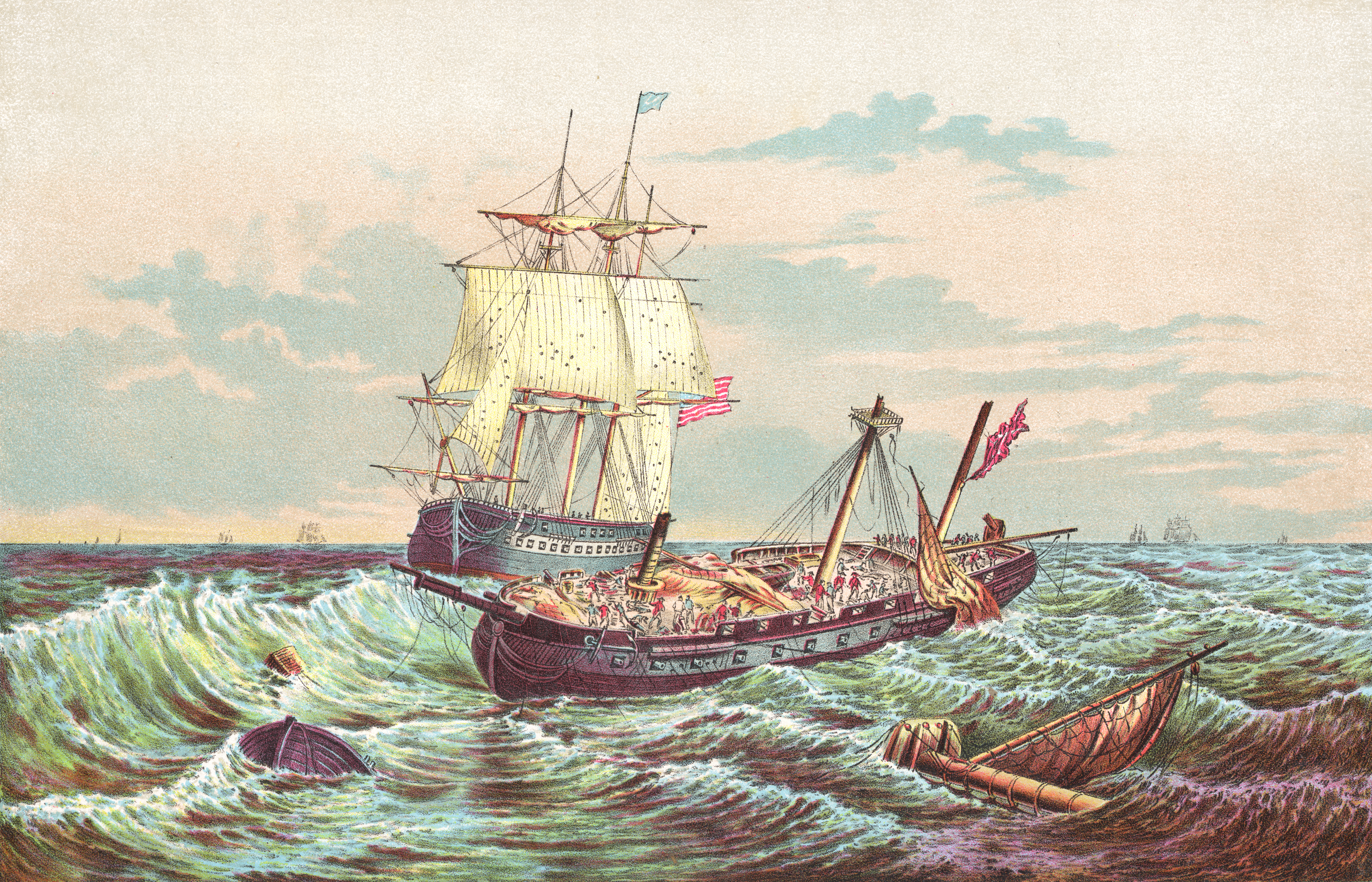 USS Constitution vs HMS Guerriere During the War of 1812. Vintage etching circa late 19th century. (Getty Images)