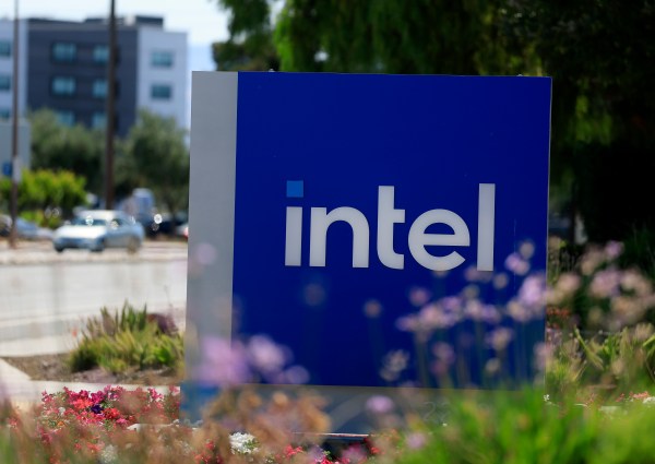 The Intel logo is displayed on a sign in front of Intel headquarters on July 16, 2025 in Santa Clara, California. (Photo by Justin Sullivan/Getty Images)