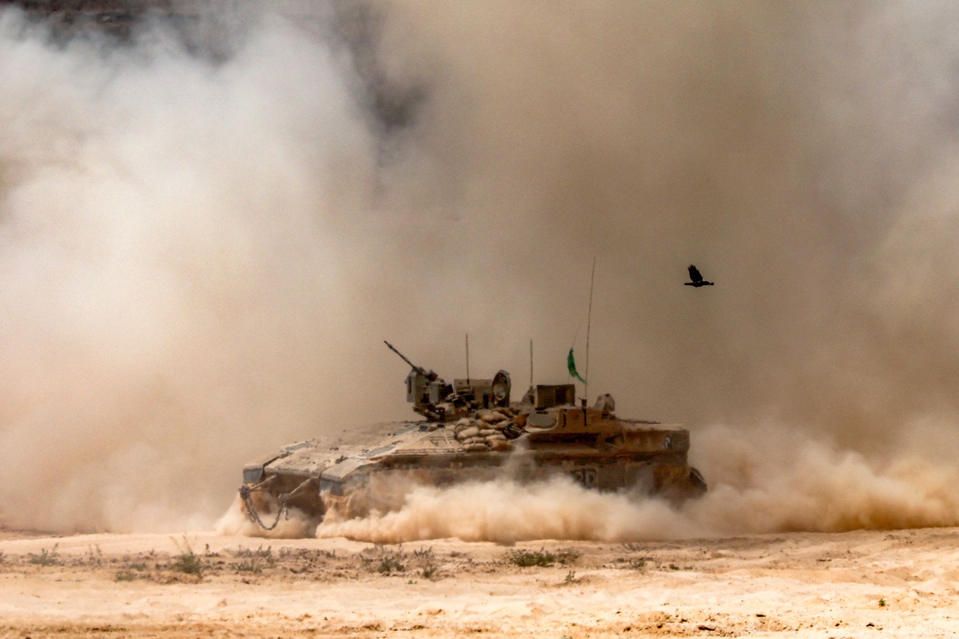 A bird flies past an Israeli army infantry-fighting vehicle as it moves at a position along Israel's southern border with the Gaza Strip on August 5, 2025. (Photo by JACK GUEZ/AFP via Getty Images)