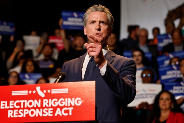 California Governor Gavin Newsom speaks about the “Election Rigging Response Act” at a press conference at the Democracy Center, Japanese American National Museum on August 14, 2025 in Los Angeles, California. (Photo by Mario Tama/Getty Images)