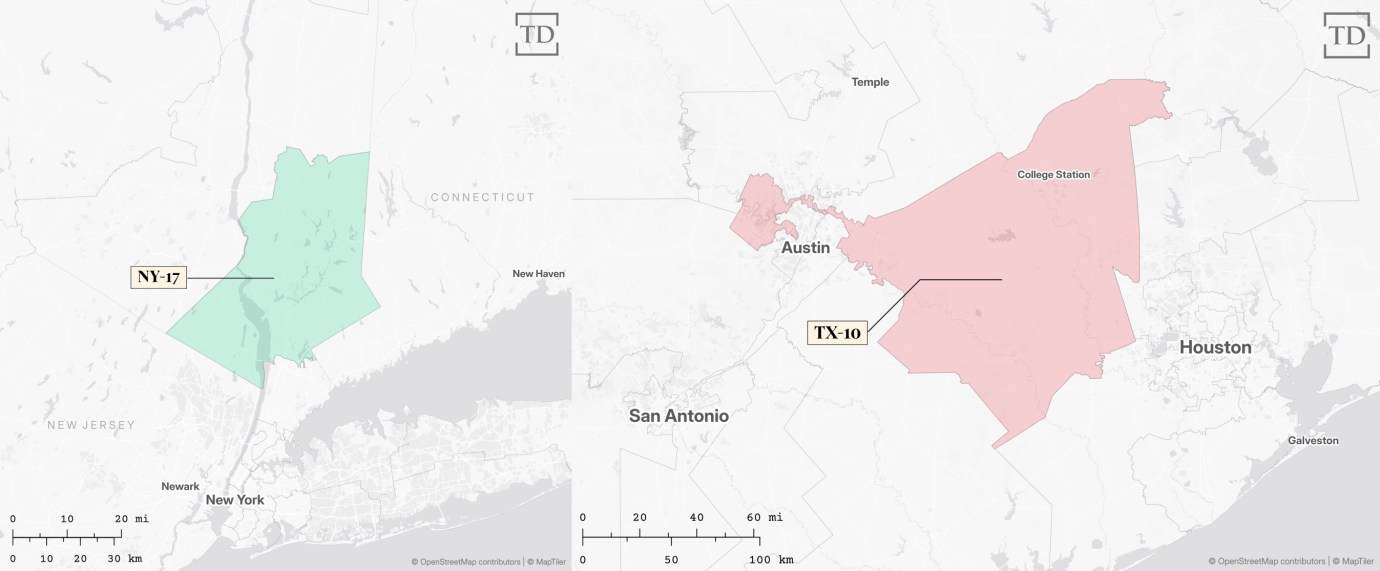 A “fair” congressional district in New York, left, compared to a gerrymandered district in Texas. (Maps via Joe Schueller)