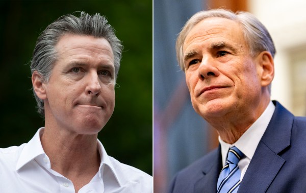 California Gov. Gavin Newsom and Texas Gov. Greg Abbott. (Photos by Bill Pugliano and Brandon Bell/Getty Images)