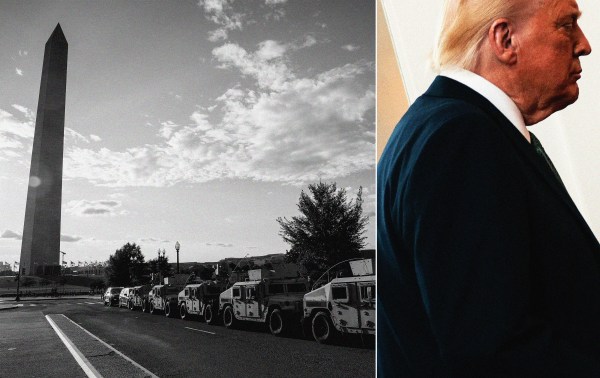 Illustration by Noah Hickey. (Military vehicles with the Washington, D.C. National Guard are parked near the Washington Monument; Photo of President Donald Trump by Chip Somodevilla/Getty Images)