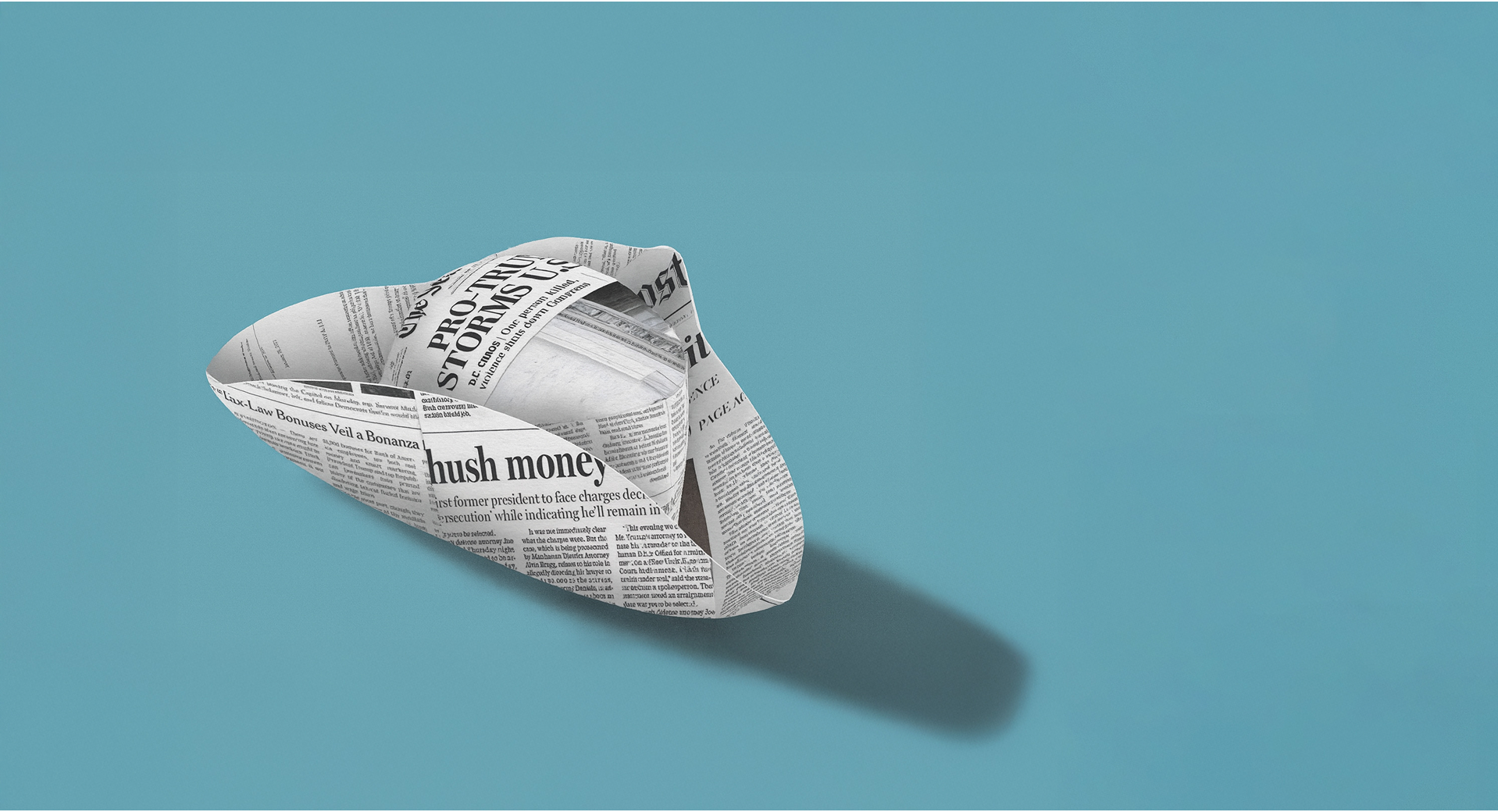 A paper boat made from newspaper floats on a light blue background, casting a subtle shadow. The tone is whimsical, blending creativity with media concepts.
