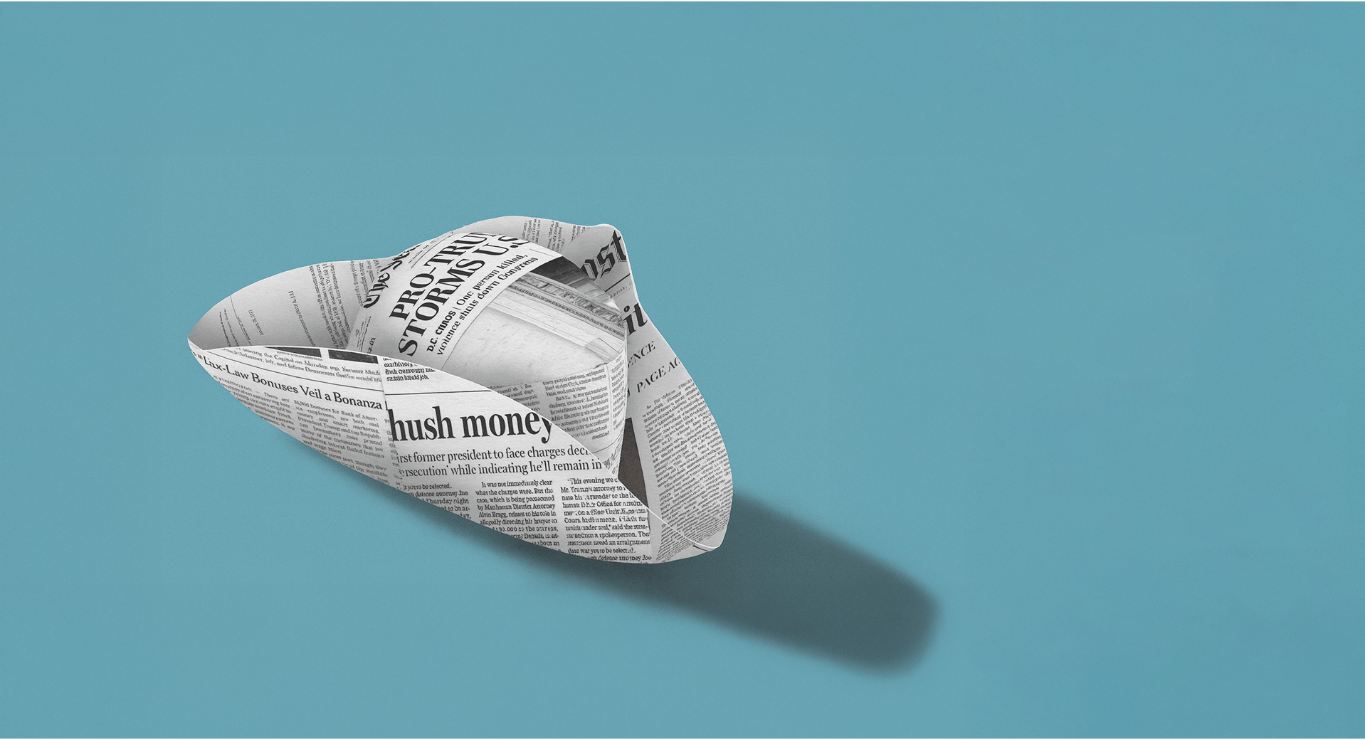 A paper boat made from newspaper floats on a light blue background, casting a subtle shadow. The tone is whimsical, blending creativity with media concepts.