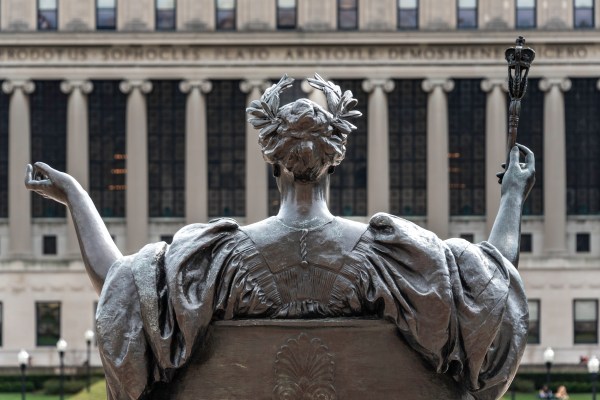 Back of Alma Mater Statue with View of Butler Library Columbia University Morningside Heights Manhattan New York City
